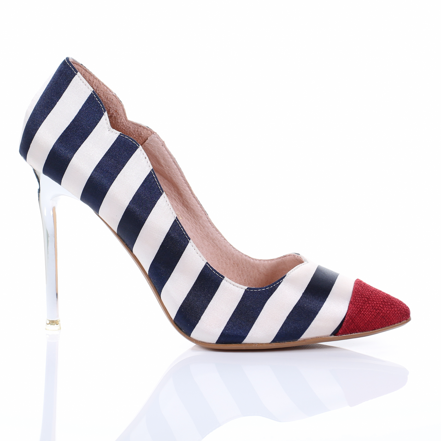 "Nautica Chrome" – Escarpins Rayés à Bout Pointu et Talon Métallisé (Rouge)
