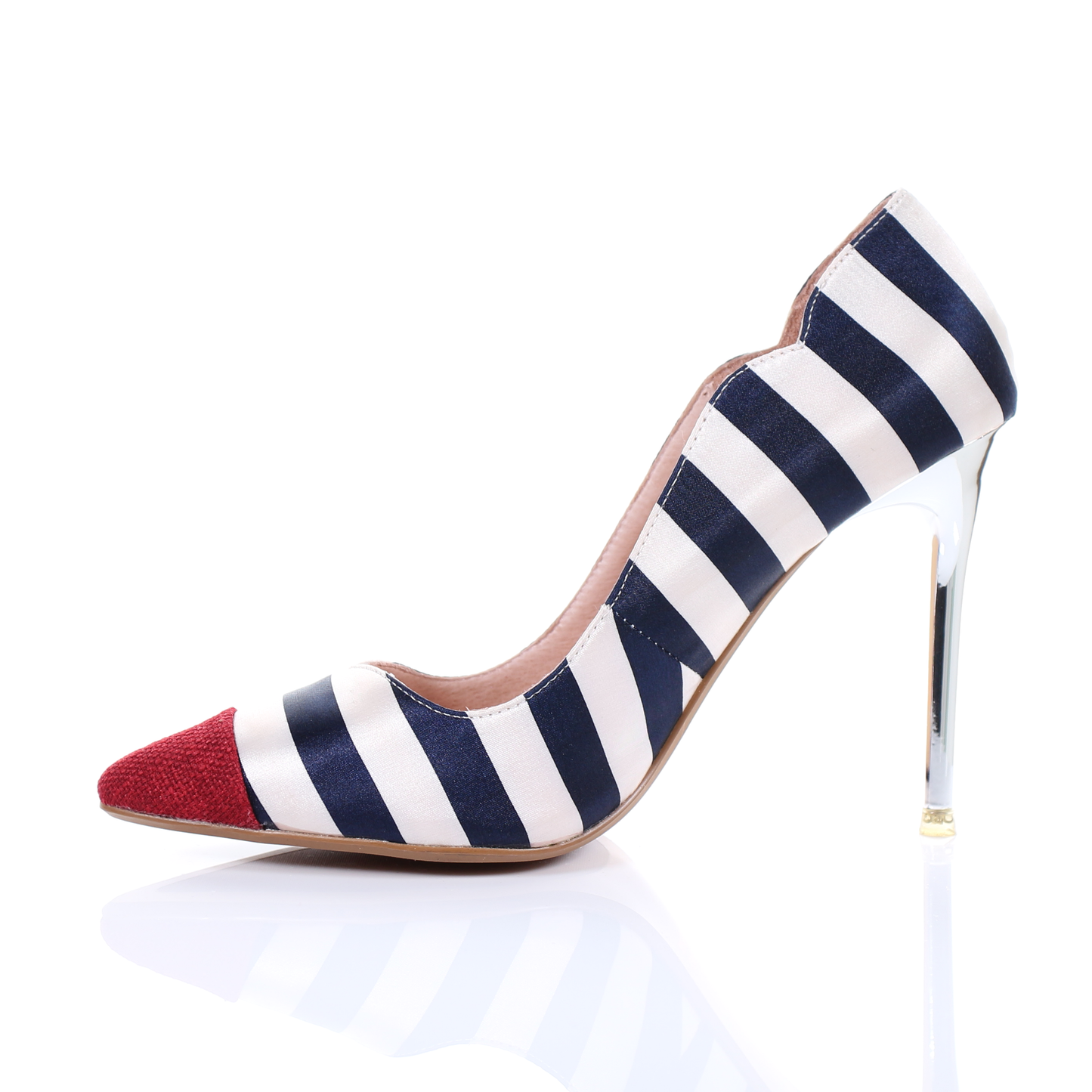 "Nautica Chrome" – Escarpins Rayés à Bout Pointu et Talon Métallisé (Rouge)