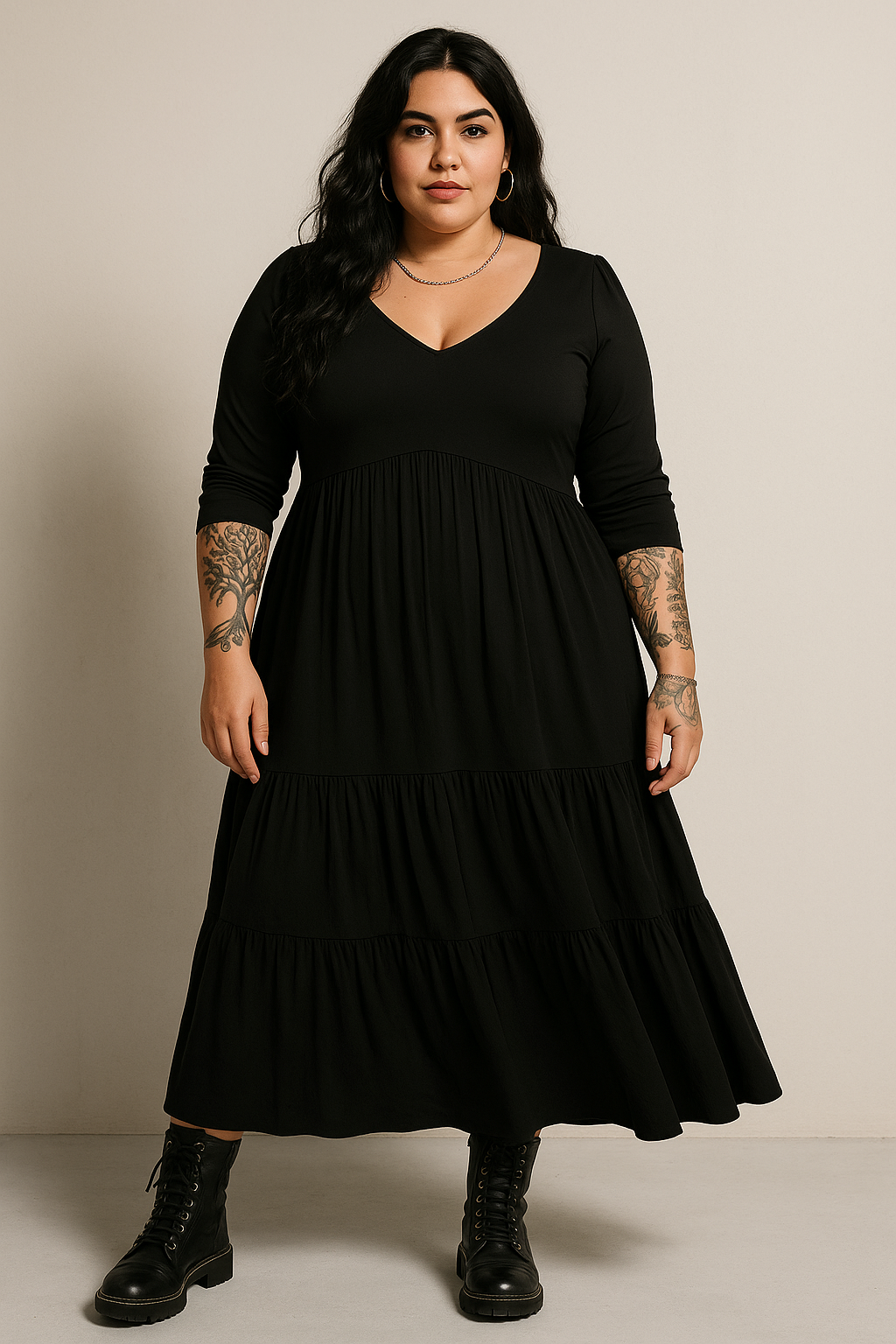 Robe Longue Élégante à Manches Longues – Décolleté Cœur-Makadamia