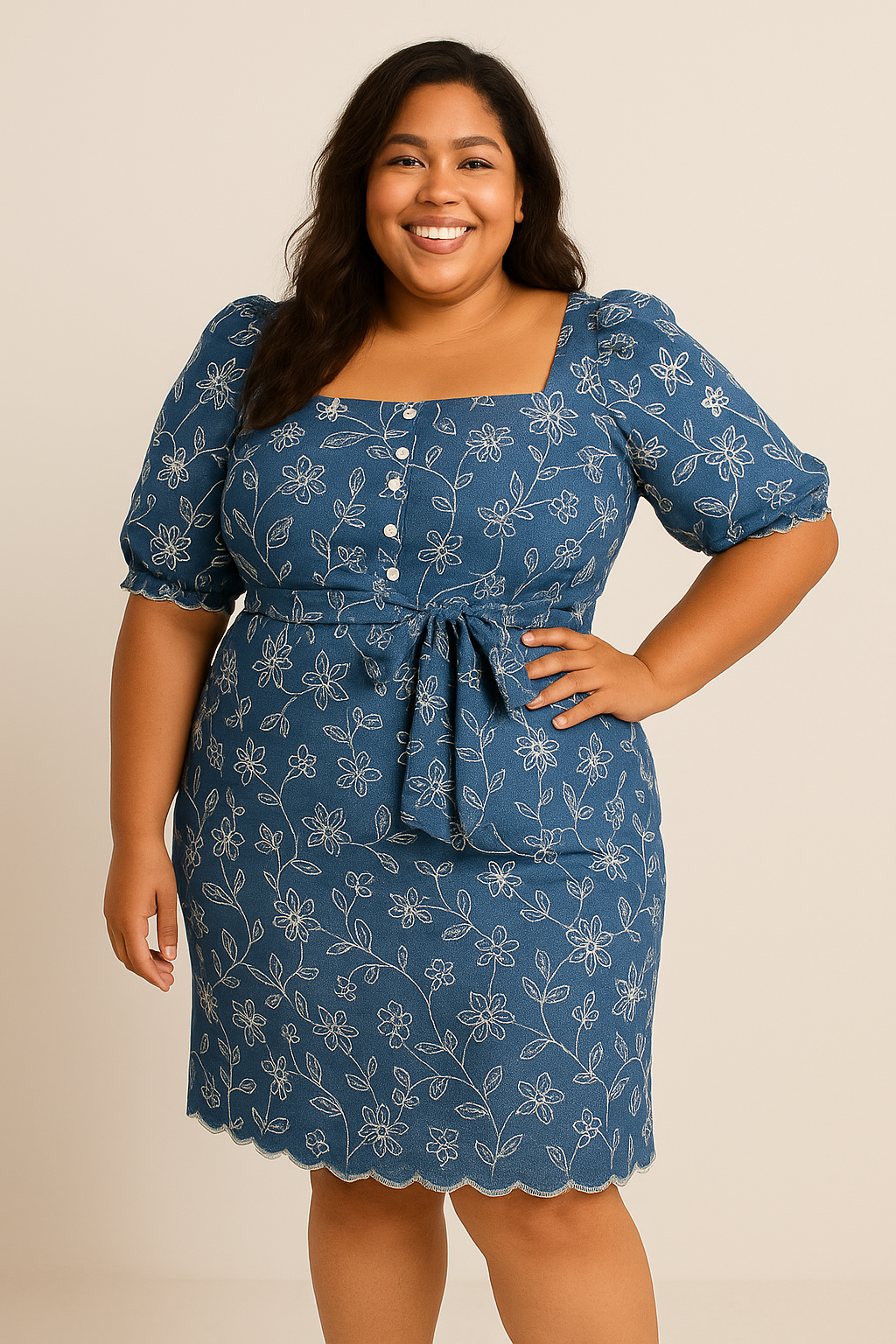 Robe crayon en coton brodé – Bleu floral-Lakerta