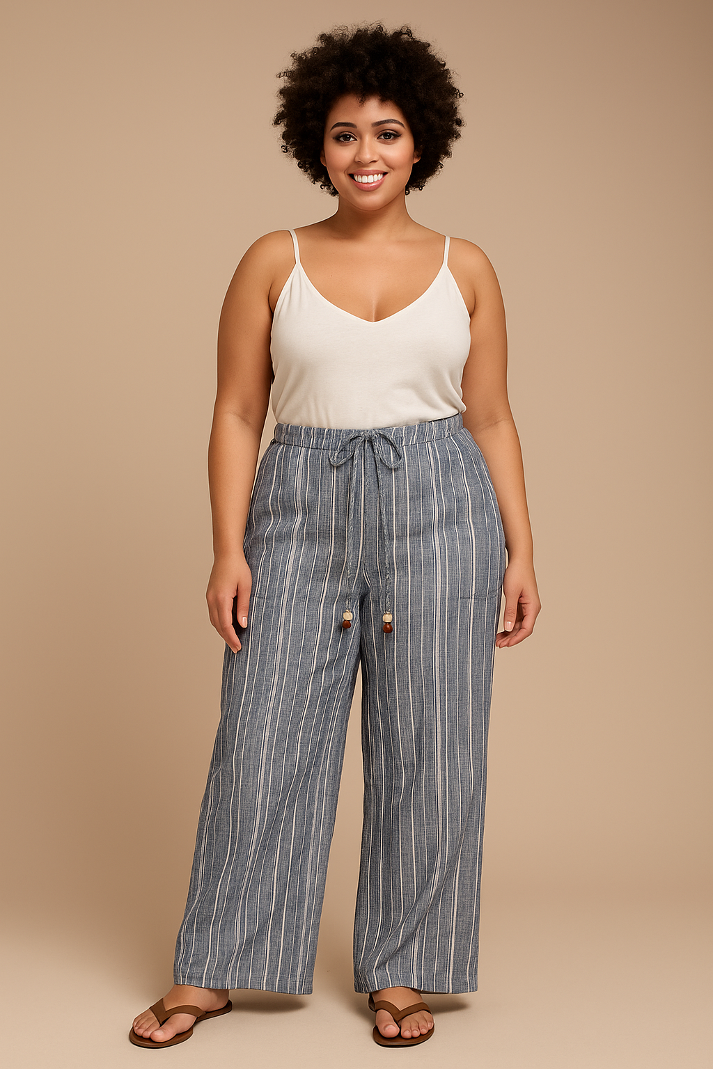 « Free Afterglow » – Pantalon Palazzo en Lin Bleu à Fils Dorés
