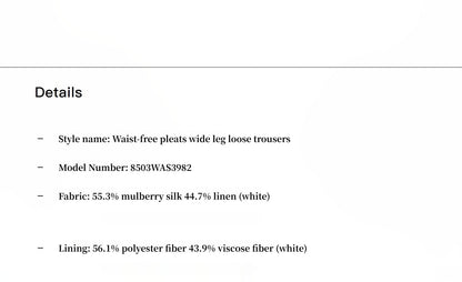 Summer Mulberry Silk Linen Waistless Three-Dimensional Pleated Wide-Leg Pants for Women