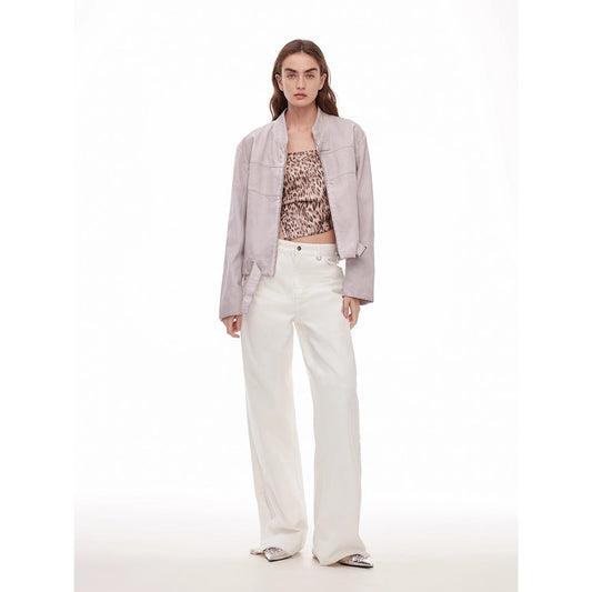 Vintage Style Curved Split Design Enzyme Wash Process Wide-Leg Micro-Lapel Mid-Low Waist Denim Pants