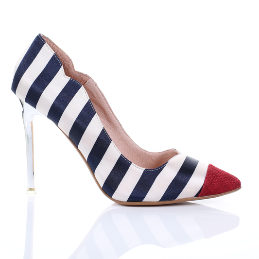 "Nautica Chrome" – Escarpins Rayés à Bout Pointu et Talon Métallisé (Rouge)