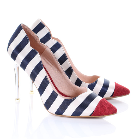 "Nautica Chrome" – Escarpins Rayés à Bout Pointu et Talon Métallisé (Rouge)