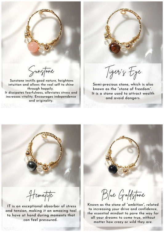 18 Gold Karats Natural Crystals Hand Wired Adjustable Ring