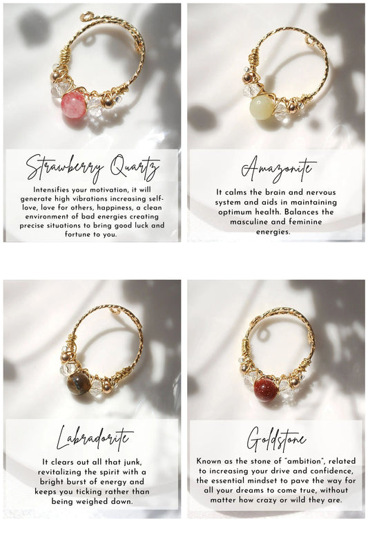 18 Gold Karats Natural Crystals Hand Wired Adjustable Ring