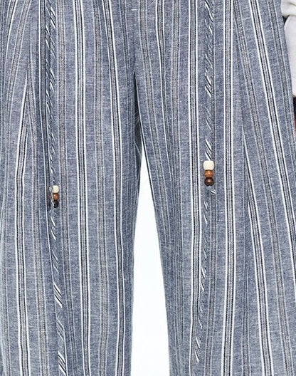 « Free Afterglow » – Pantalon Palazzo en Lin Bleu à Fils Dorés