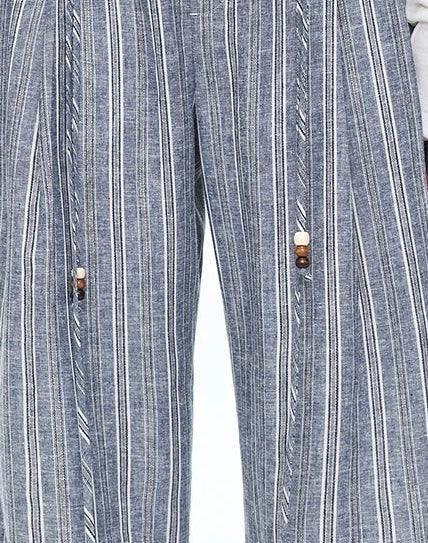 « Free Afterglow » – Pantalon Palazzo en Lin Bleu à Fils Dorés