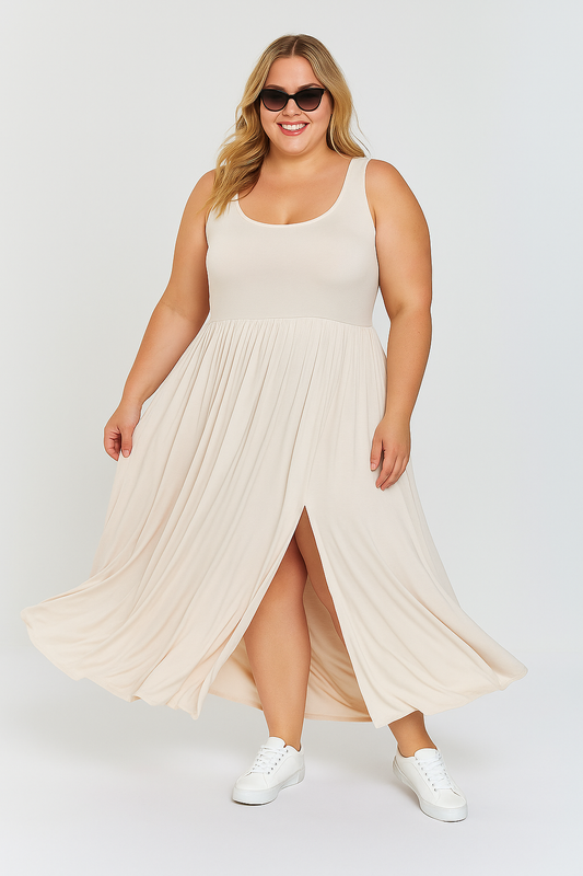 Robe Longue Fendue Élégance Légère – Makadamia