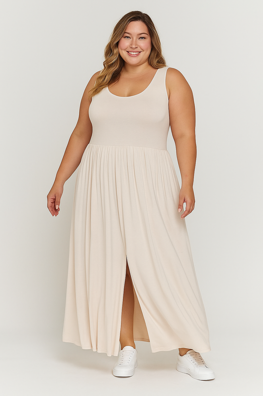 Robe Longue Fendue Élégance Légère – Makadamia