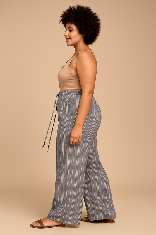 « Free Afterglow » – Pantalon Palazzo en Lin Bleu à Fils Dorés