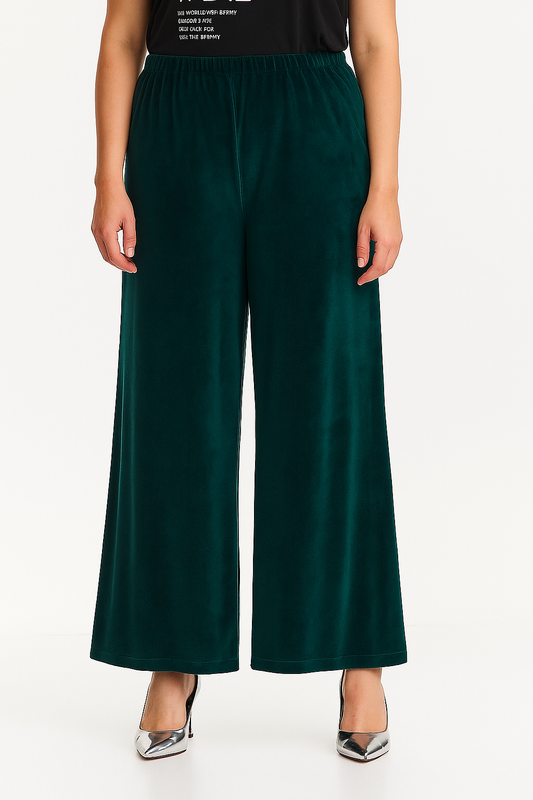 "Deep Green Flow" – Pantalon Long à Jambe Droite Large en Maille Légèrement Satinée