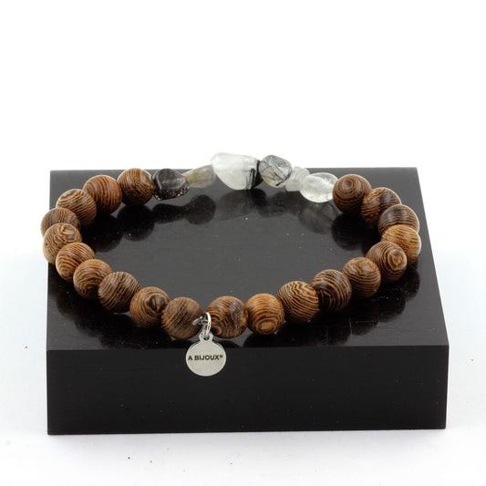 Quartz with Tourmaline inclusions from Brazil + wood Bracelet 8 mm Beads.