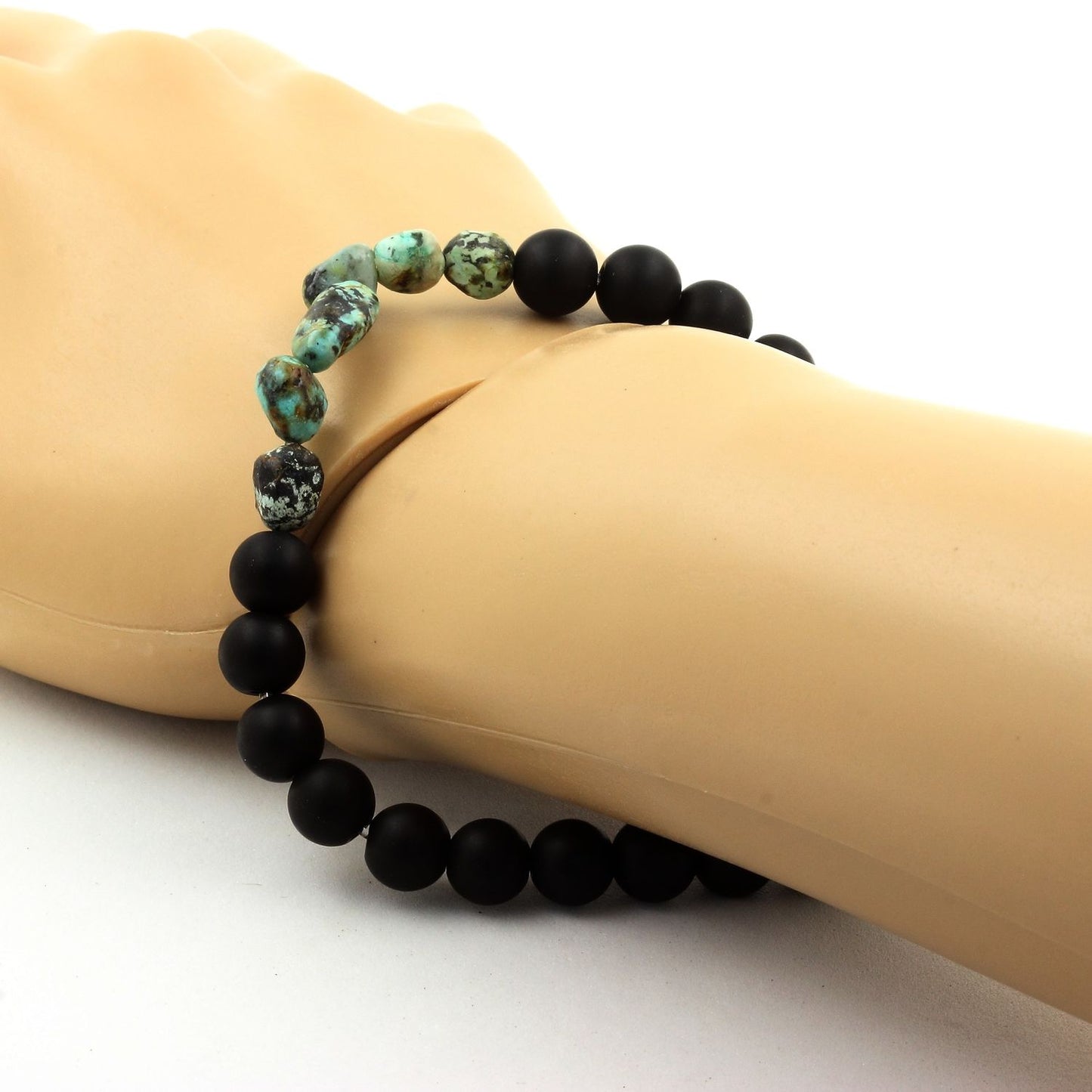 African Turquoise from Africa + Matte Black Onyx Bracelet 8 mm Beads.
