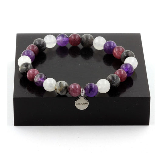 Amethyst + Moonstone + Labradorite + Lepidolite Bracelet 8 mm Beads. Made in France