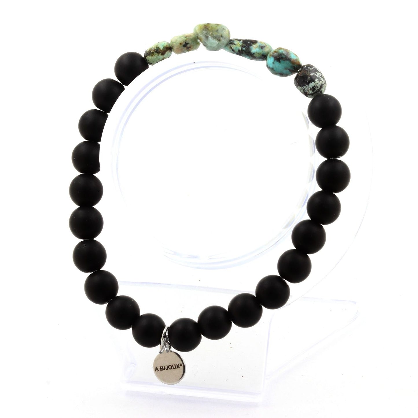 African Turquoise from Africa + Matte Black Onyx Bracelet 8 mm Beads.