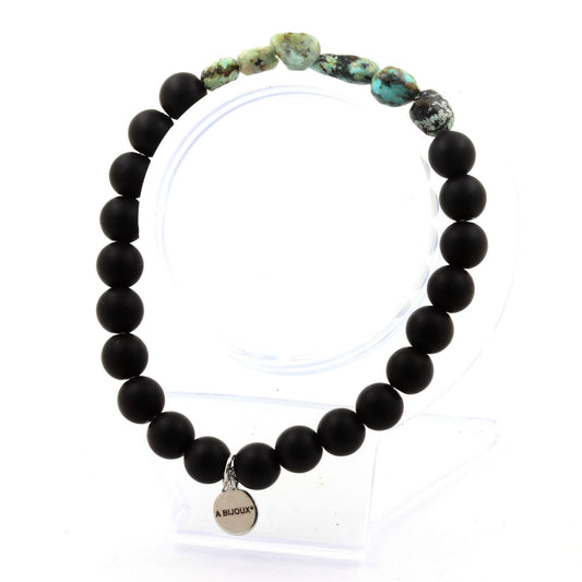 African Turquoise from Africa + Matte Black Onyx Bracelet 8 mm Beads.