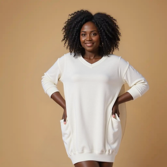 Robe grande taille en coton écru – avec poches et manches 3/4